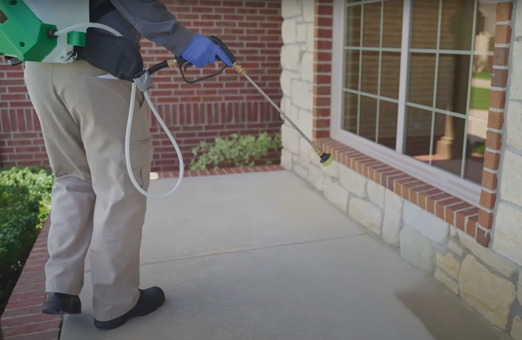 Exterminator spraying foundation and window edges outdoors — Pest Control Service in Davis for residential perimeter defense.