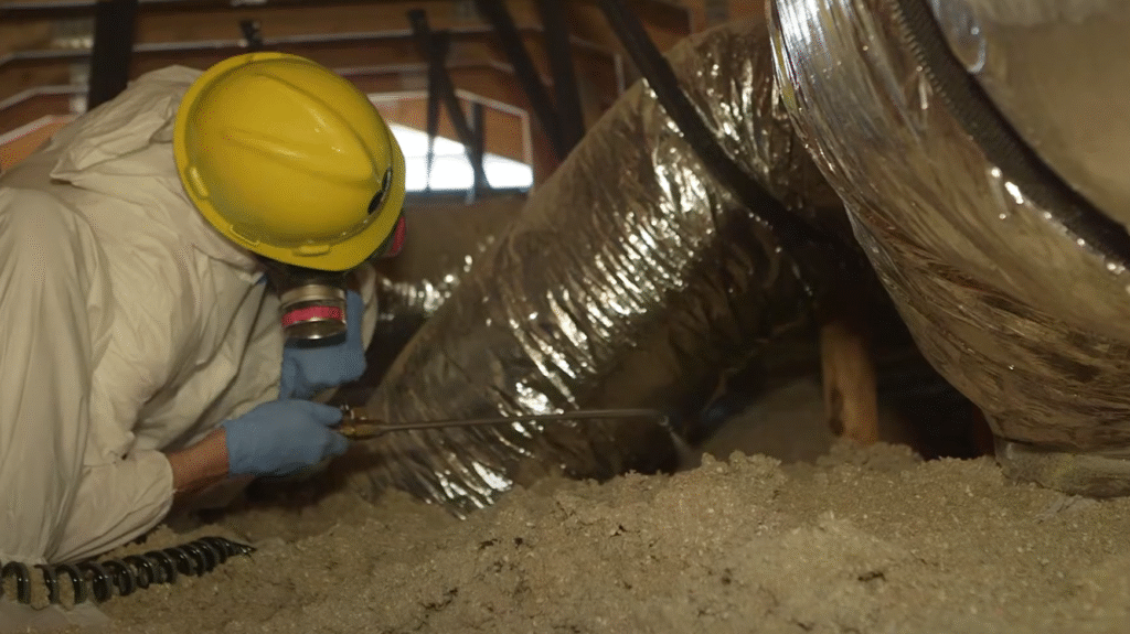 Pest control professional applying treatment in attic insulation — Pest Control Service in Davis for rodent and insect prevention.