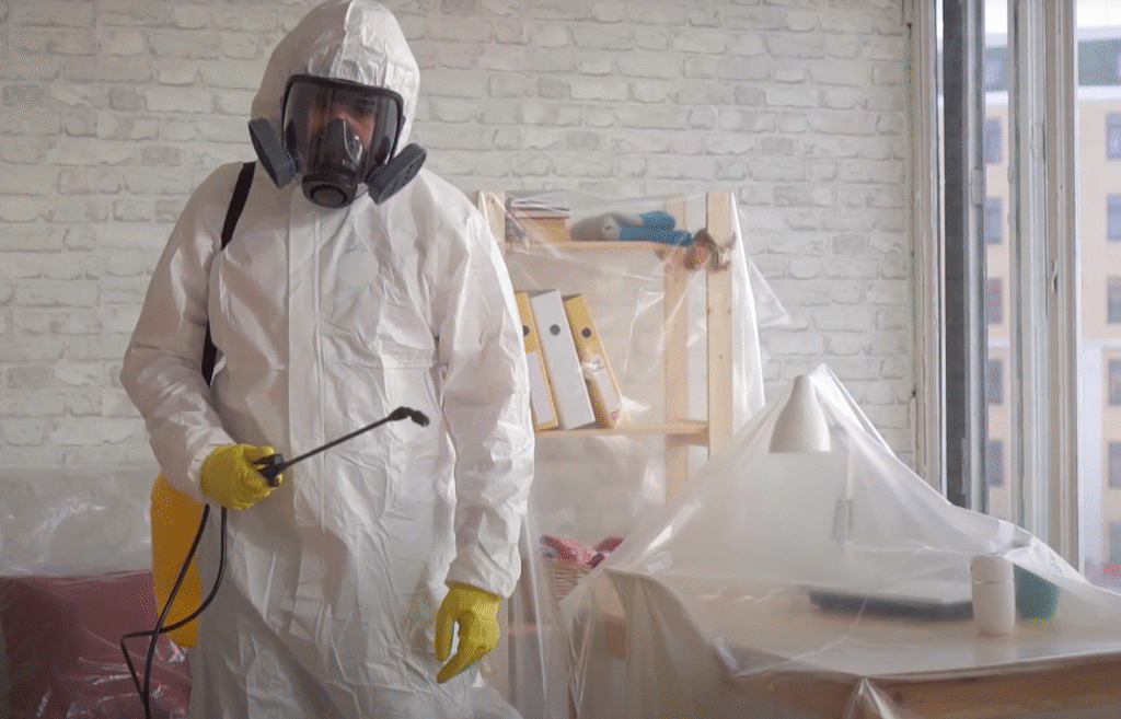 Pest control specialist in hazmat suit spraying inside a home — Pest Control Service in Davis for safe fumigation services.